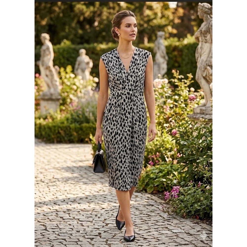 Isabel De Pedro Grey Black Leopard Print Twist Front V-Neck Midi Dress Size 6 b2